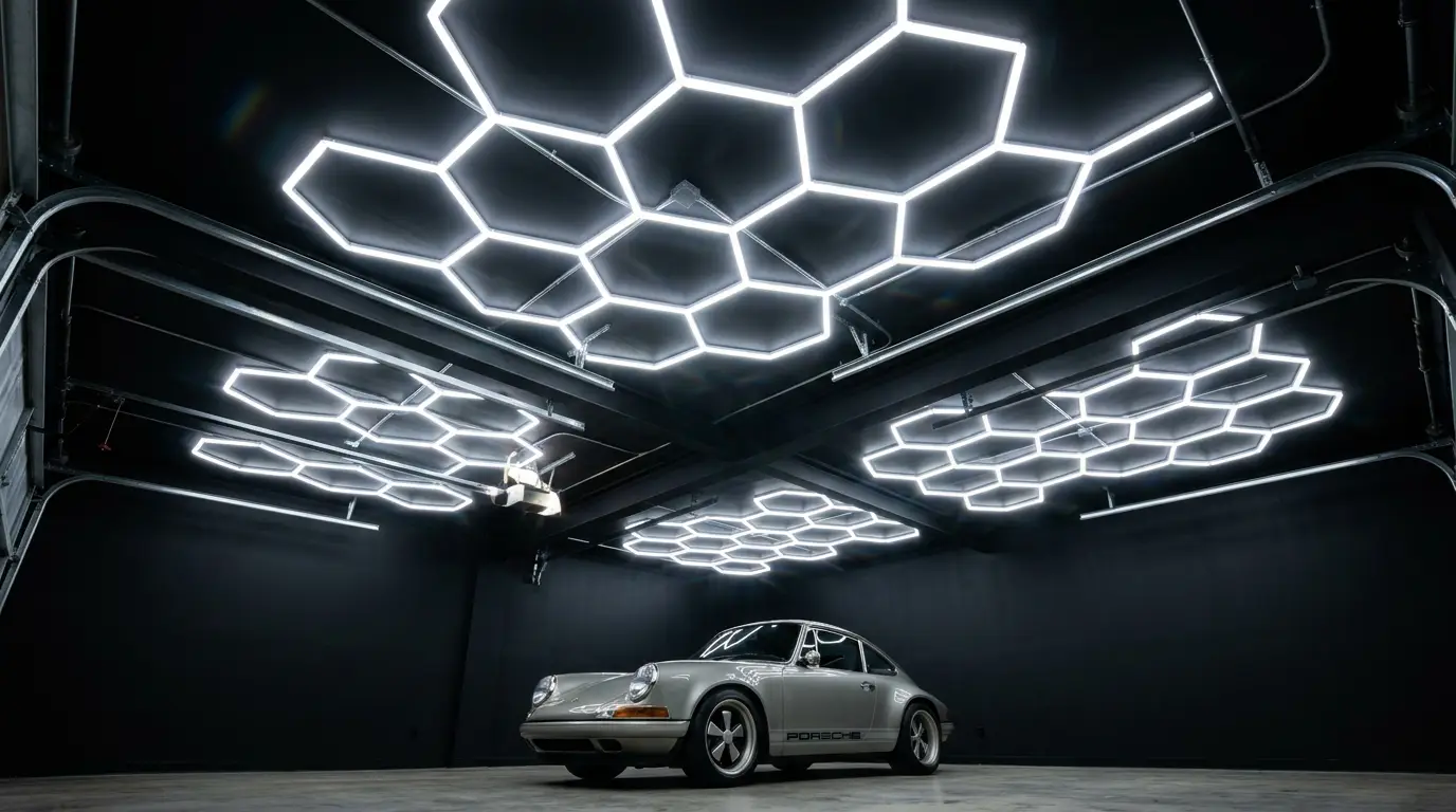 Hexagon LED light panels glowing on a dark garage ceiling